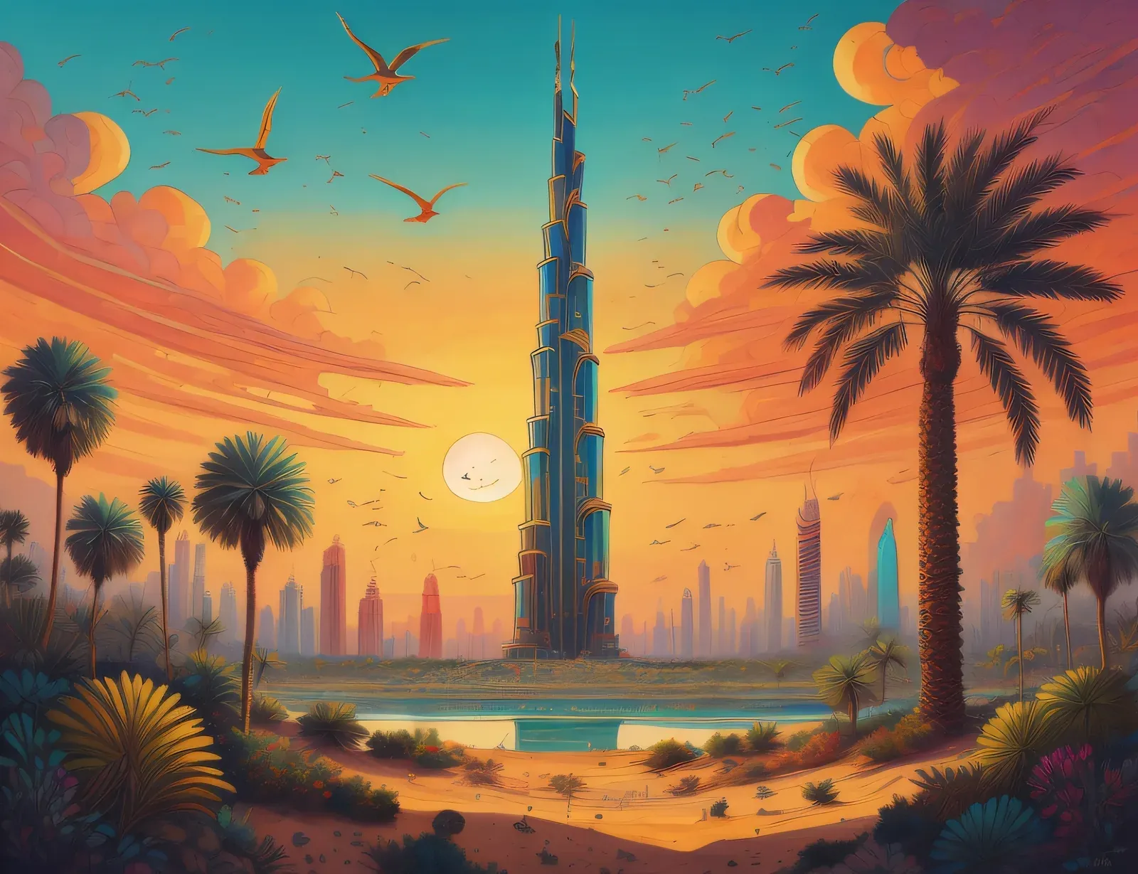 Burj Khalifa Oasis — The world's tallest tower rising from a painted desert garden.